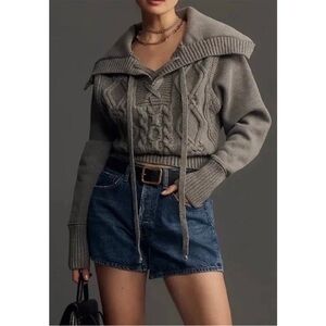 Anthropologie Pilcro Cable Laced Twofer Sweater Chunky Knit Collar Medium Grey